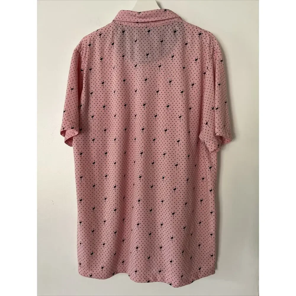 Reset Polo Shirt Mens XXL Short Sleeve Stretch Knit Novelty Print Pink Flamingos